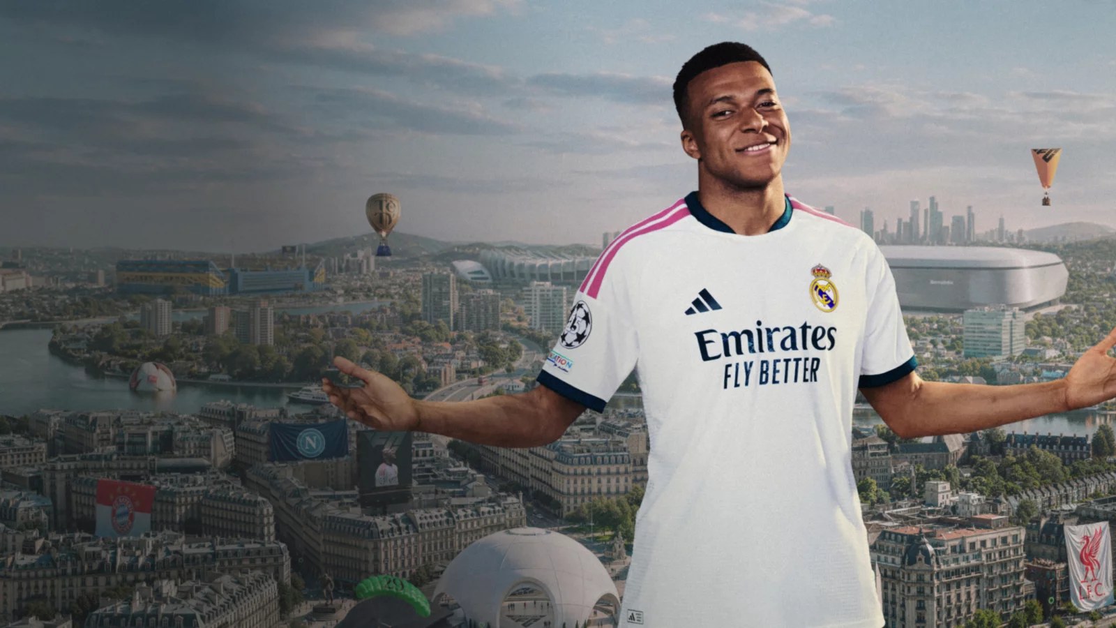 ภาพโปรโมต EA Sports FC 27 นักฟุตบอลในเสื้อทีม Real Madrid กางแขนยืนหน้าวิวเมืองที่มีสนามฟุตบอลหลายแห่ง