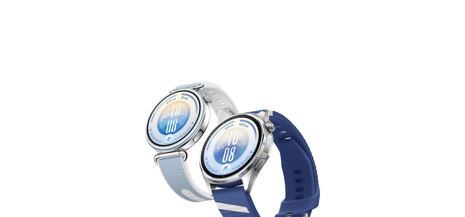 สมาร์ตวอทช์ HUAWEI WATCH GT 7 สองเรือน สายสีขาวฟ้าและสายสีน้ำเงิน วางซ้อนกันบนพื้นขาว