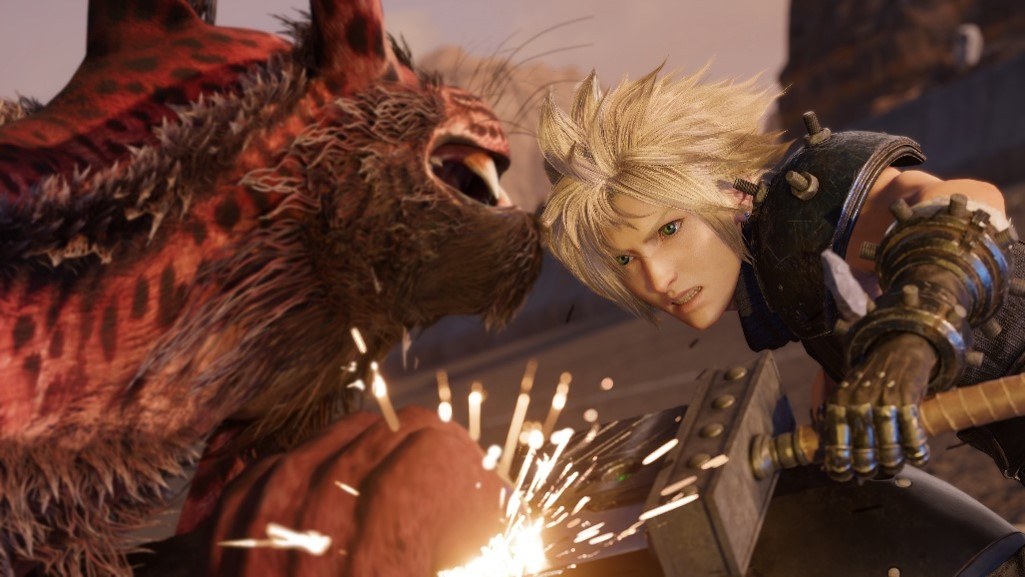 Cloud ถือดาบใหญ่ปะทะสัตว์ประหลาดขนแดงจนประกายไฟกระจาย ฉากจาก Final Fantasy VII Revelation