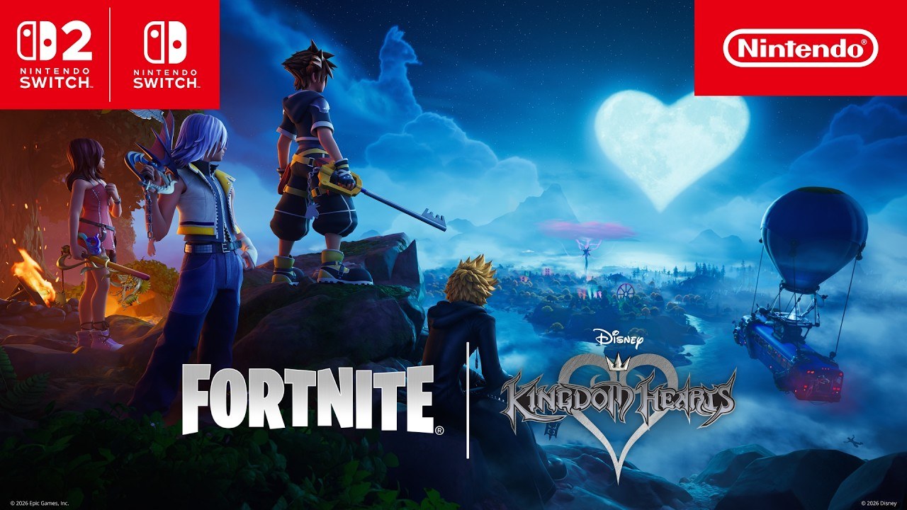 Sora, Riku, Kairi และ Roxas ยืนบนหน้าผามองเกาะ Fortnite ใต้พระจันทร์รูปหัวใจ พร้อมโลโก้ Fortnite และ Kingdom Hearts