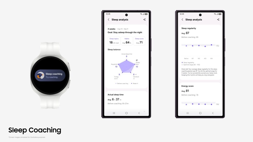 ภาพหน้าจอจำลองฟีเจอร์ Sleep Coaching บน Galaxy Watch และหน้ารายงาน Sleep analysis ในแอป Samsung Health บนสมาร์ตโฟน Galaxy
