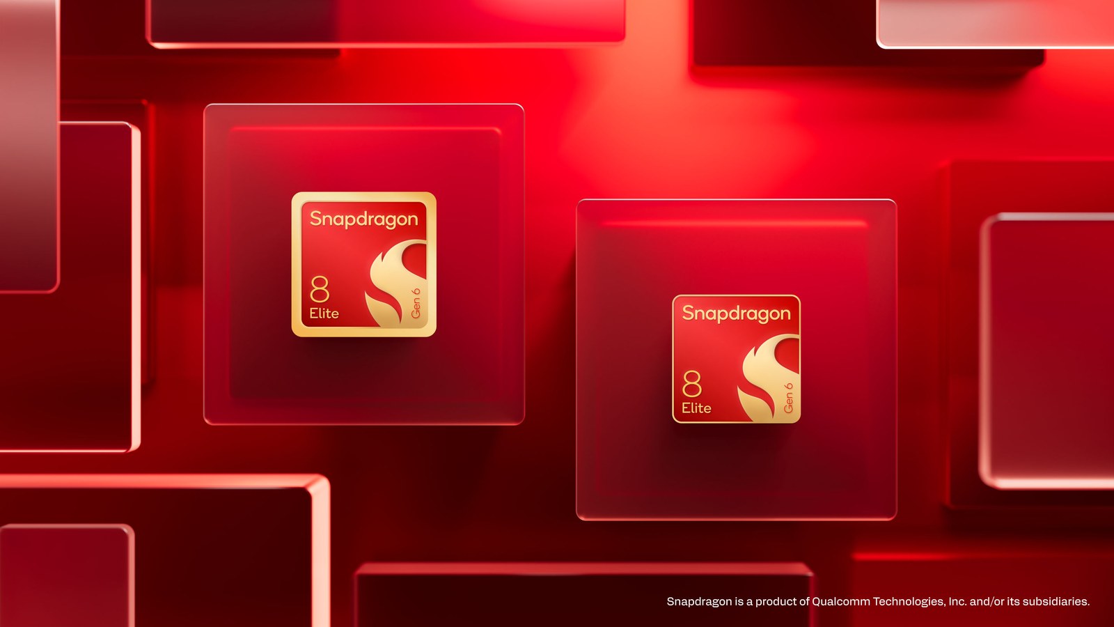 ชิป Snapdragon 8 Elite Gen 6 สองตัววางบนพื้นหลังสีแดง ภาพทางการจาก Qualcomm