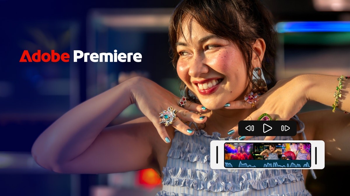 ภาพโปรโมตแอป Adobe Premiere บนมือถือ มีแถบไทม์ไลน์ตัดต่อวิดีโอและปุ่มเล่นซ้อนอยู่