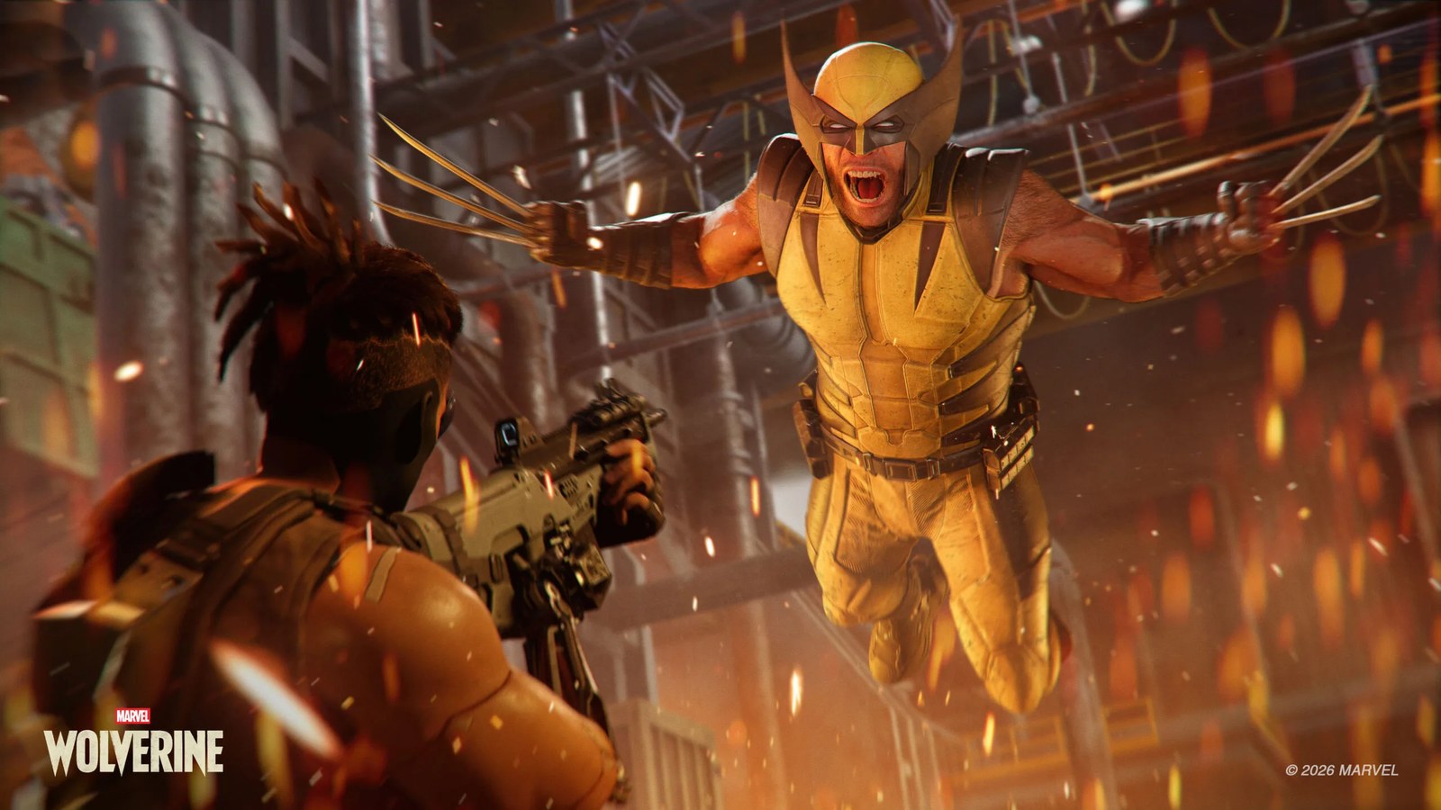 Wolverine ในชุดสีเหลืองกางกรงเล็บพุ่งเข้าหาศัตรูที่ถือปืน ภาพจากเกม Marvel's Wolverine