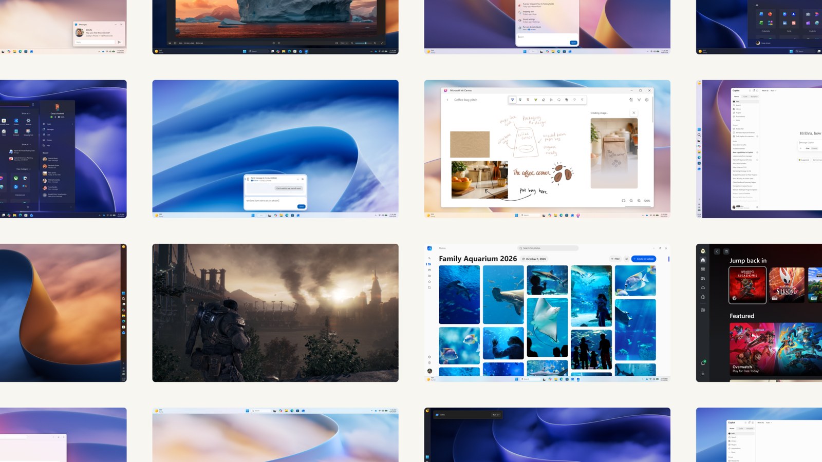 ภาพหน้าจอ Windows 11 หลายหน้าต่าง เช่น แอป Photos ตัวแก้ไขภาพ และ Ink Canvas