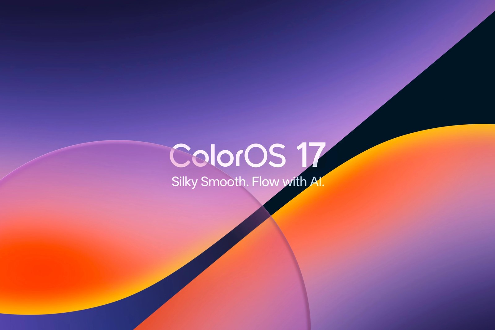 ภาพโลโก้ ColorOS 17 บนพื้นหลังไล่สีม่วงส้ม พร้อมสโลแกน Silky Smooth. Flow with AI.