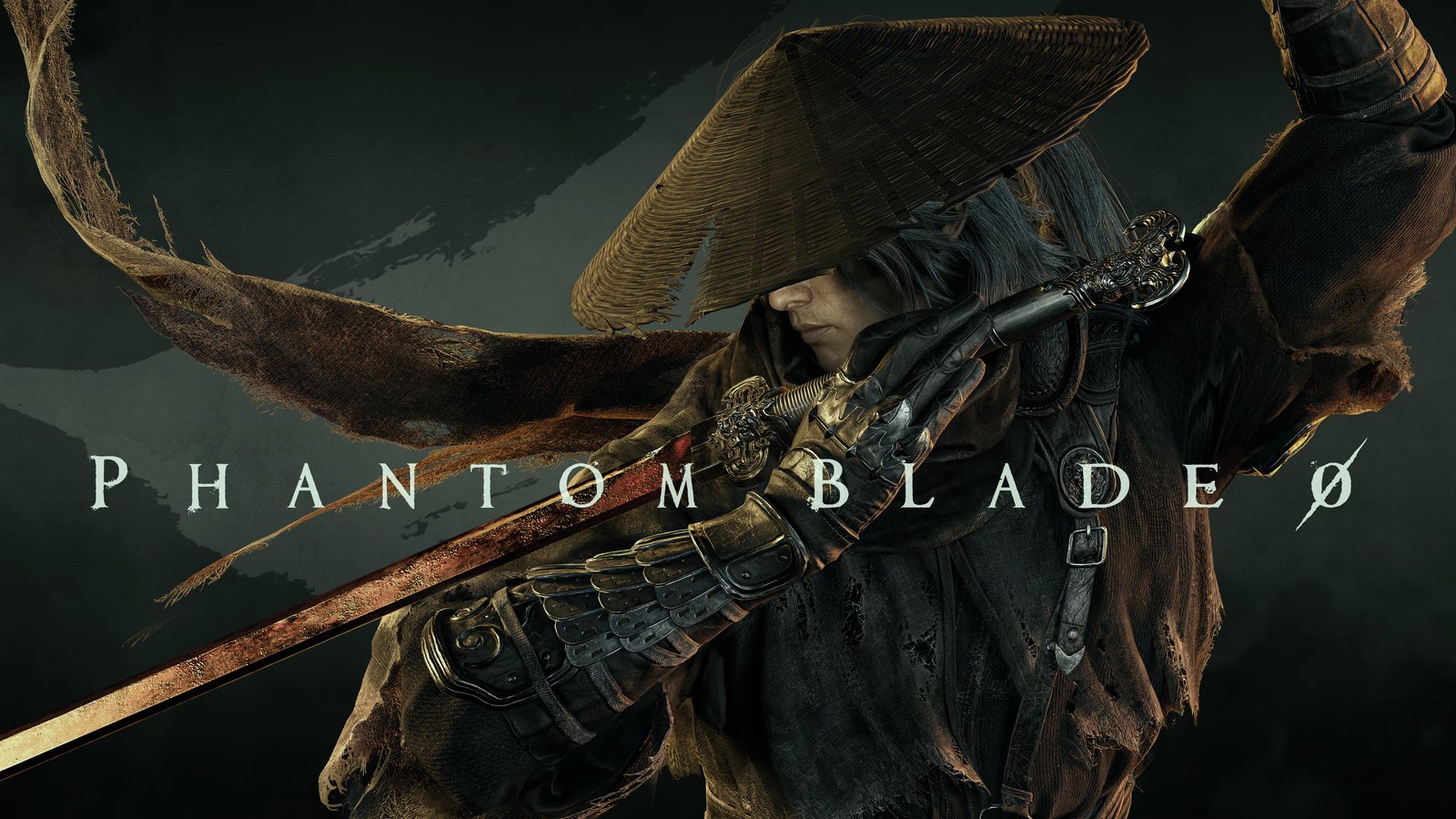 ภาพคีย์อาร์ตเกม Phantom Blade Zero ตัวละครสวมหมวกสานถือดาบ พร้อมโลโก้เกม