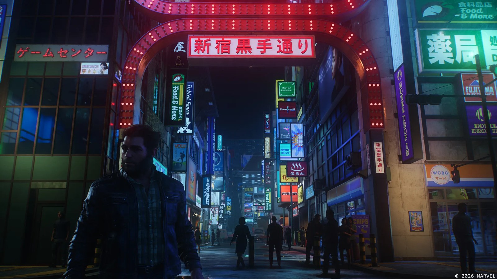 ฉากถนนย่านชินจูกุยามค่ำคืนในเกม Marvel's Wolverine ที่ได้ QSSR