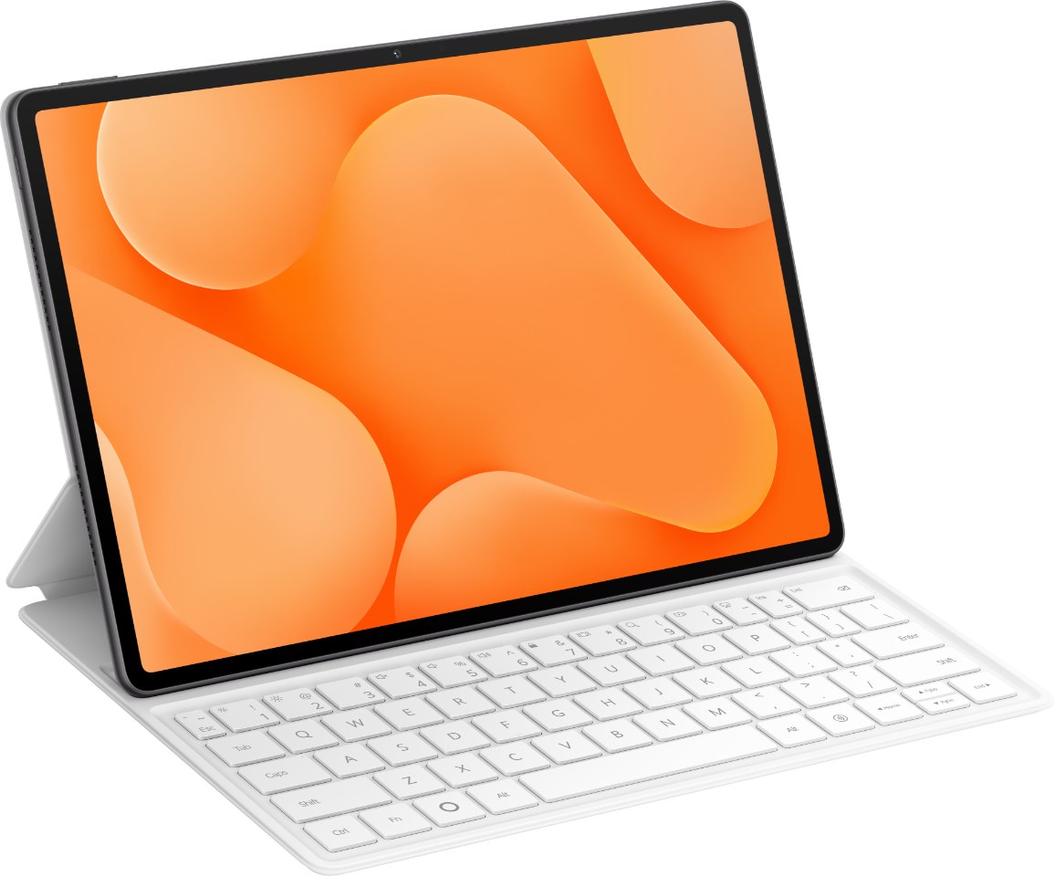 แท็บเล็ต HUAWEI MatePad Air Z หน้าจอสีส้มวางบนคีย์บอร์ดเคสสีขาว
