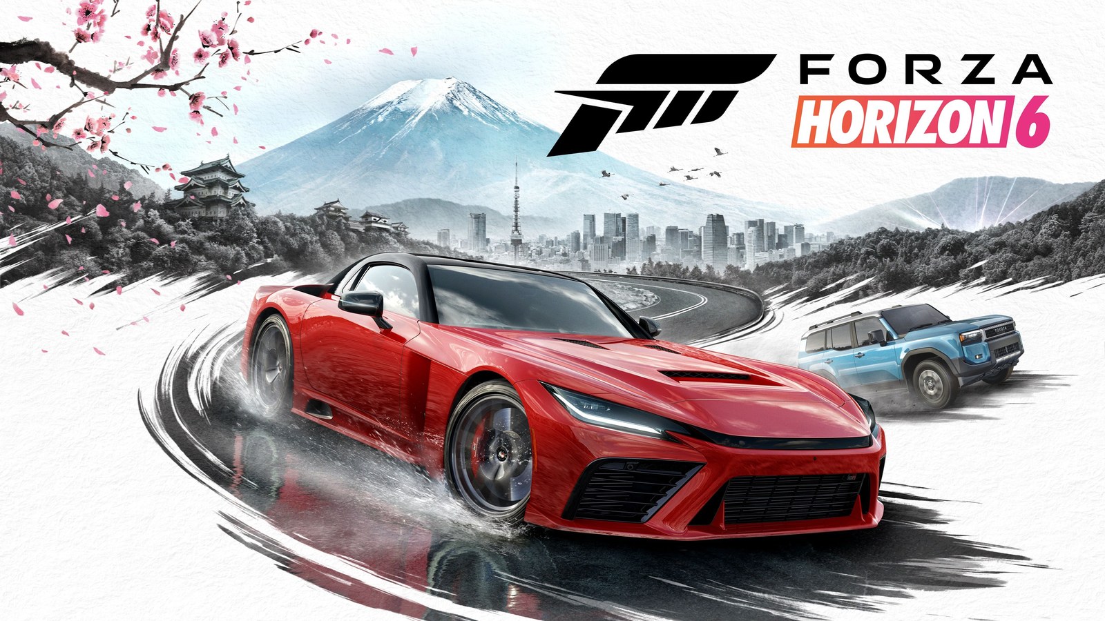 ภาพโปรโมต Forza Horizon 6 รถสปอร์ตสีแดงและรถ SUV สีฟ้าวิ่งหน้าภูเขาไฟฟูจิและโตเกียว