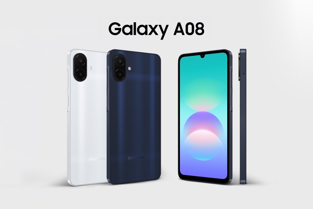 Galaxy A08 สีเงินและสีน้ำเงินเข้ม โชว์ด้านหลังกล้องคู่ ด้านหน้าจอ และด้านข้าง