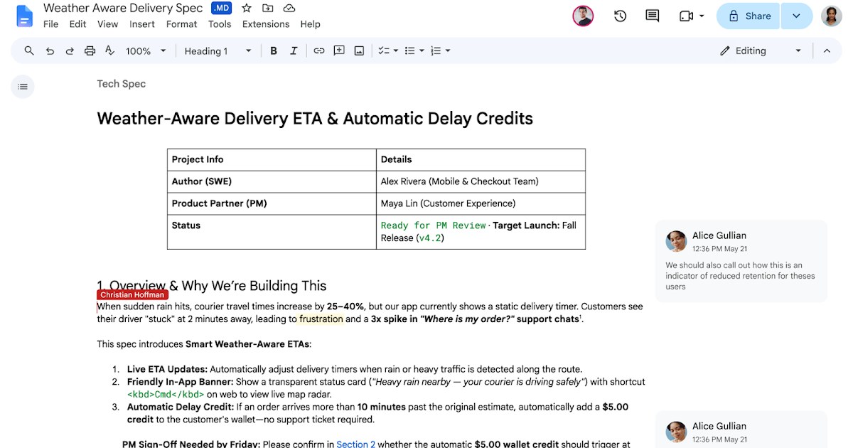 หน้าจอ Google Docs เปิดไฟล์ Markdown ที่มีหัวข้อ ตาราง และคอมเมนต์ข้างเอกสาร