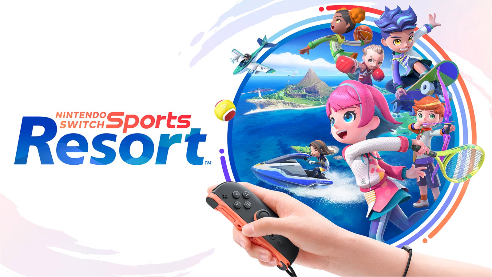 ภาพโปรโมตเกม Nintendo Switch Sports Resort ตัวละครเล่นเทนนิส ยิงธนู สเก็ตบอร์ด และขี่เจ็ตสกีบนเกาะ พร้อมมือถือ Joy-Con 2