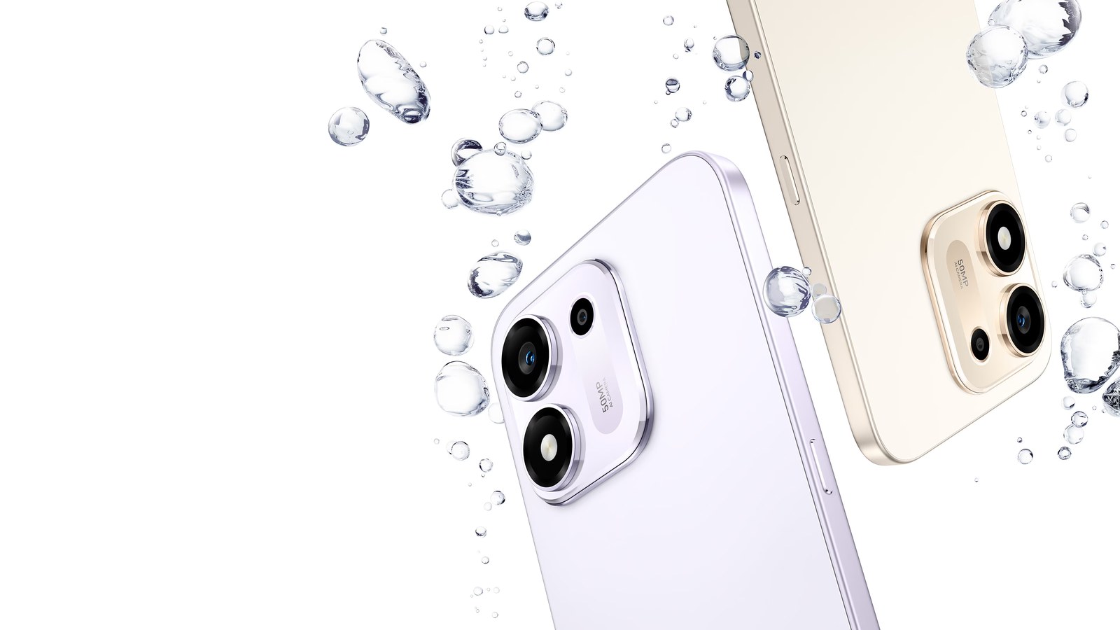 ด้านหลัง HONOR 600S 5G สองสี สีม่วงและสีทอง มีหยดน้ำลอยรอบเครื่อง