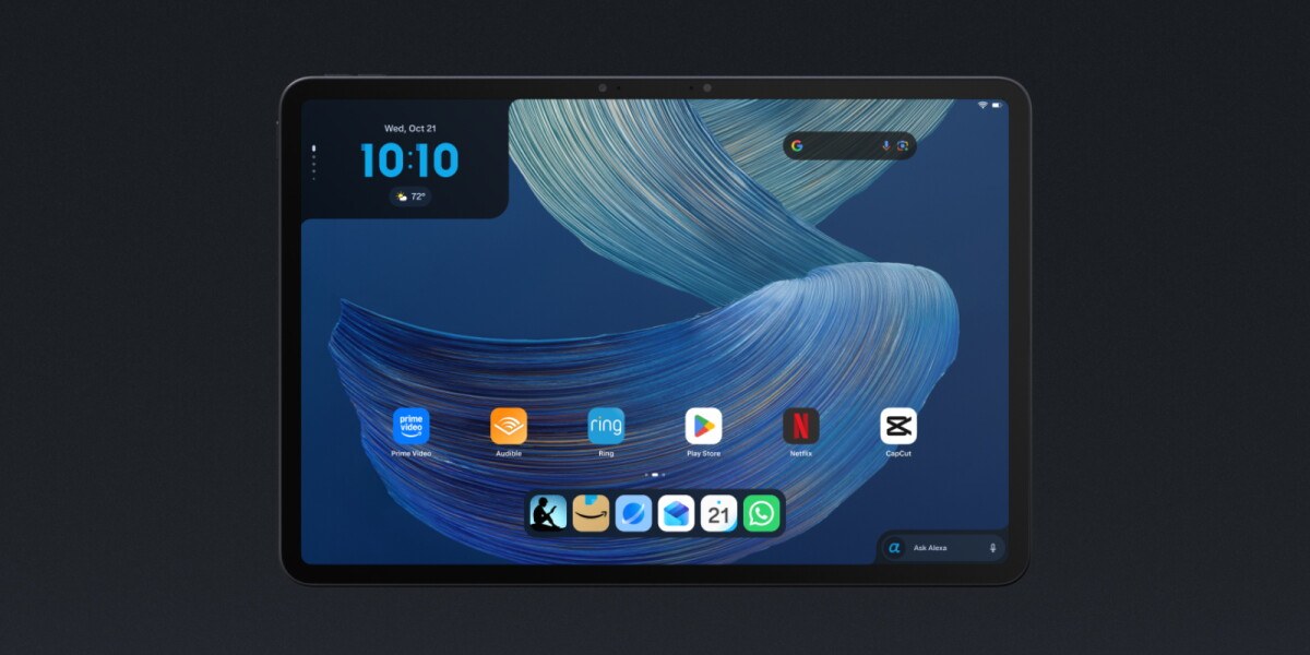 หน้าจอโฮมของแท็บเล็ต Amazon Alexa Tablet แสดงไอคอนแอป Play Store, Netflix และ Prime Video