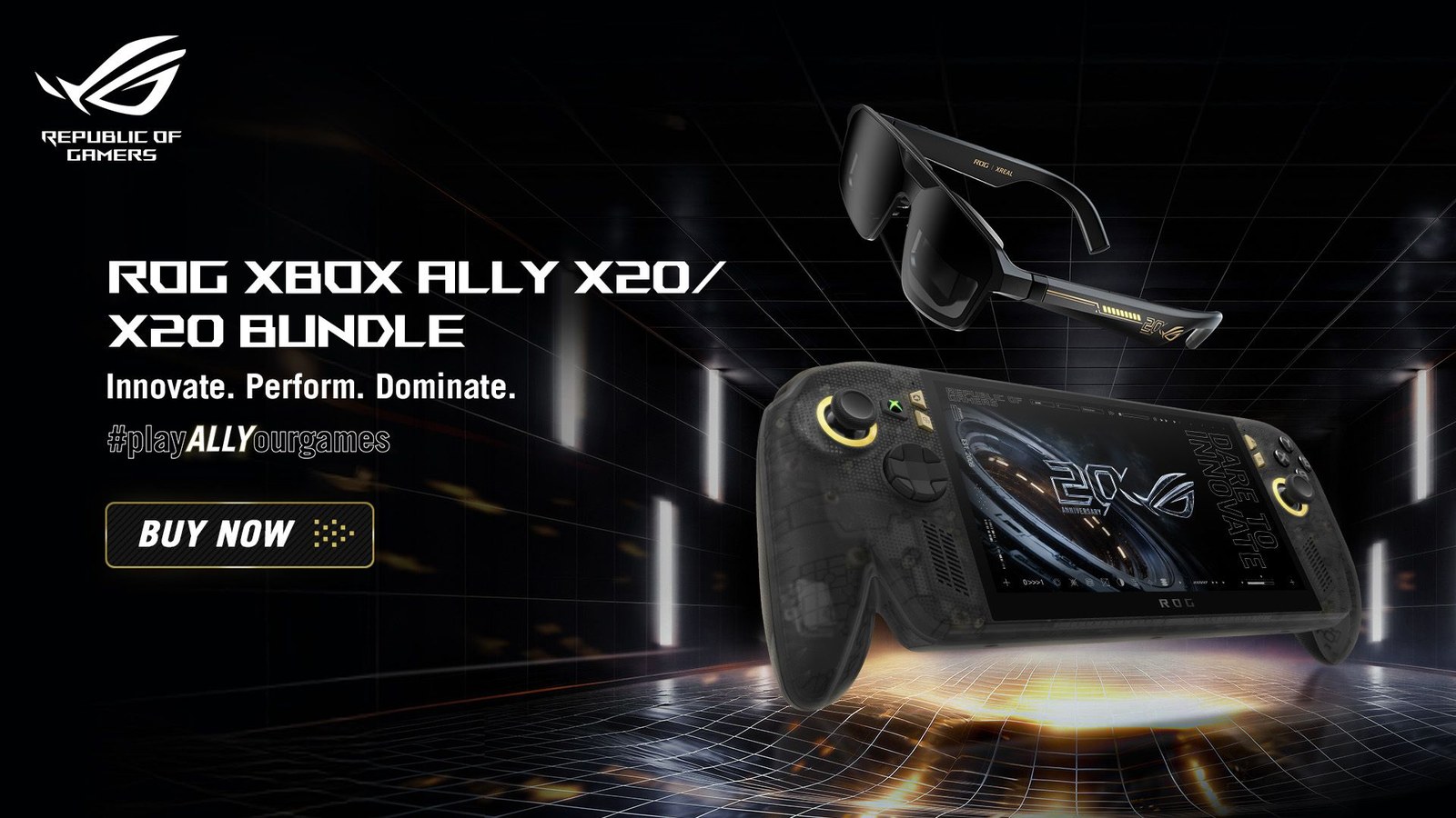 ภาพโปรโมต ROG Xbox Ally X20 รุ่นครบรอบ 20 ปี ตัวเครื่องโปร่งแสงสีดำ ลอยคู่กับแว่น AR ROG XREAL