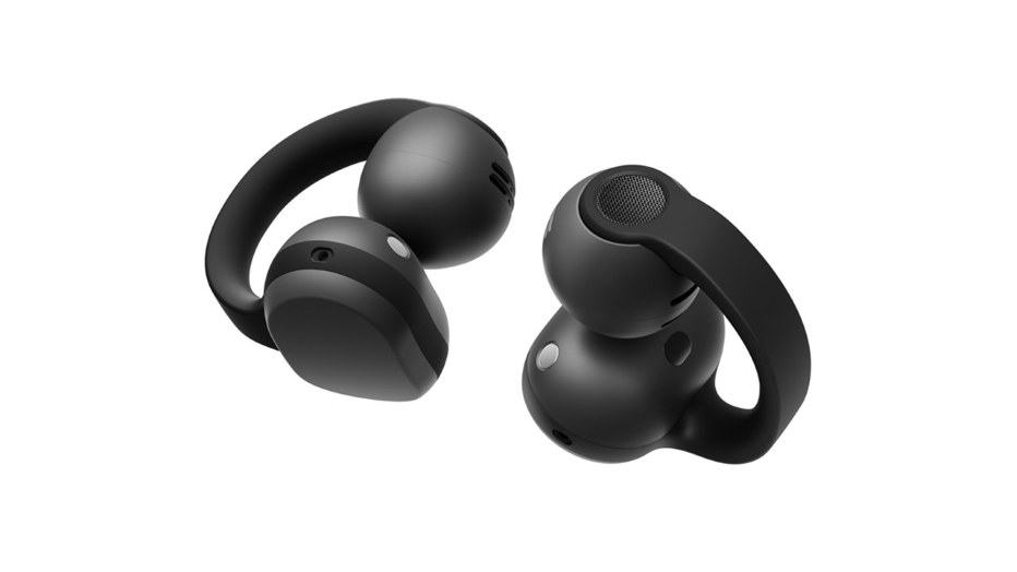 หูฟัง Galaxy Buds On สีดำ ทรงหนีบหูแบบเปิด วางคู่กันบนพื้นขาว