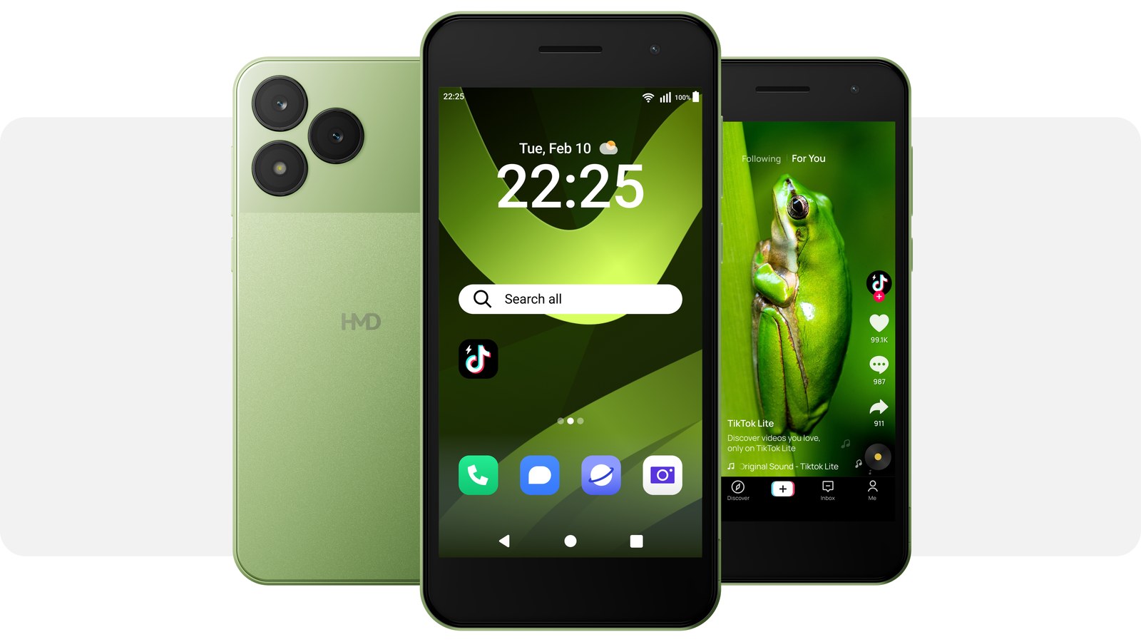 HMD Asha 305 สีเขียวมะนาว ด้านหลังกล้องสามวง และหน้าจอแสดงแอป TikTok Lite