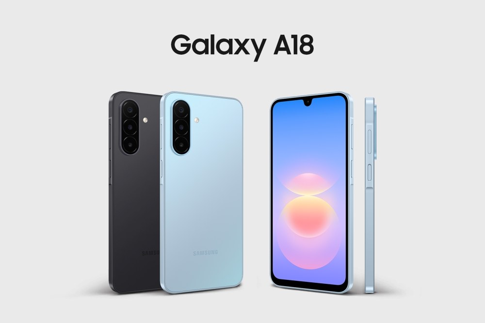 Galaxy A18 สีดำและสีฟ้า มองจากด้านหลัง ด้านหน้า และด้านข้าง