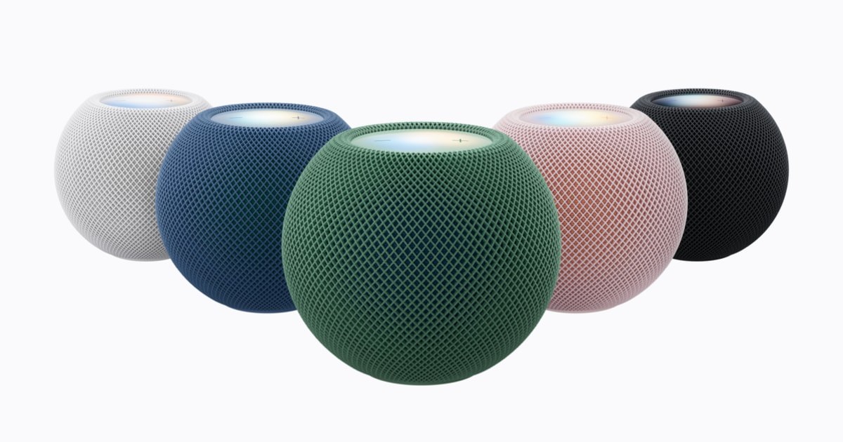 HomePod mini 2 ครบทั้ง 5 สี ได้แก่ ขาว น้ำเงิน เขียว ชมพู และมิดไนต์ เรียงเป็นแถว