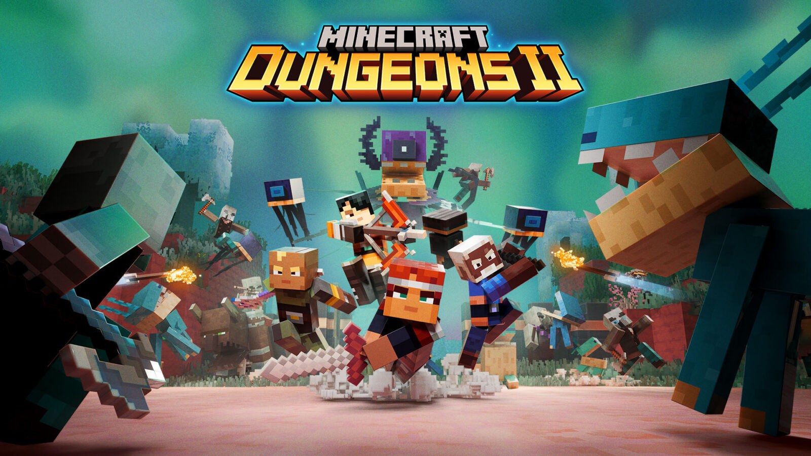 ภาพโปรโมตเกม Minecraft Dungeons II ตัวละครสี่คนบุกฝ่ามอนสเตอร์ในมิติ The Sift