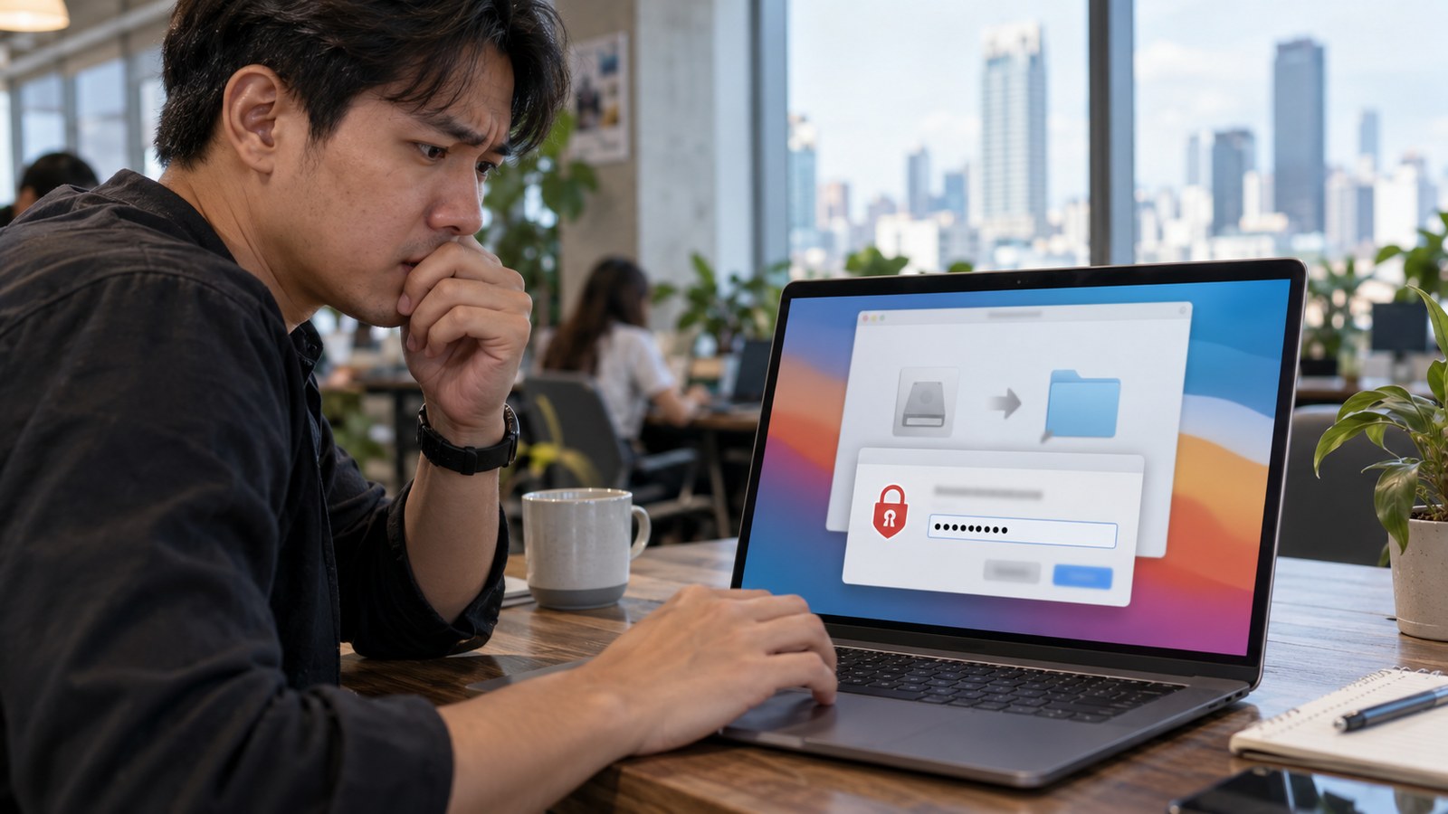 ชายทำงานนั่งหน้า MacBook ที่แสดงหน้าต่างติดตั้งกับช่องกรอกรหัสผ่าน ท่าทางลังเลก่อนพิมพ์