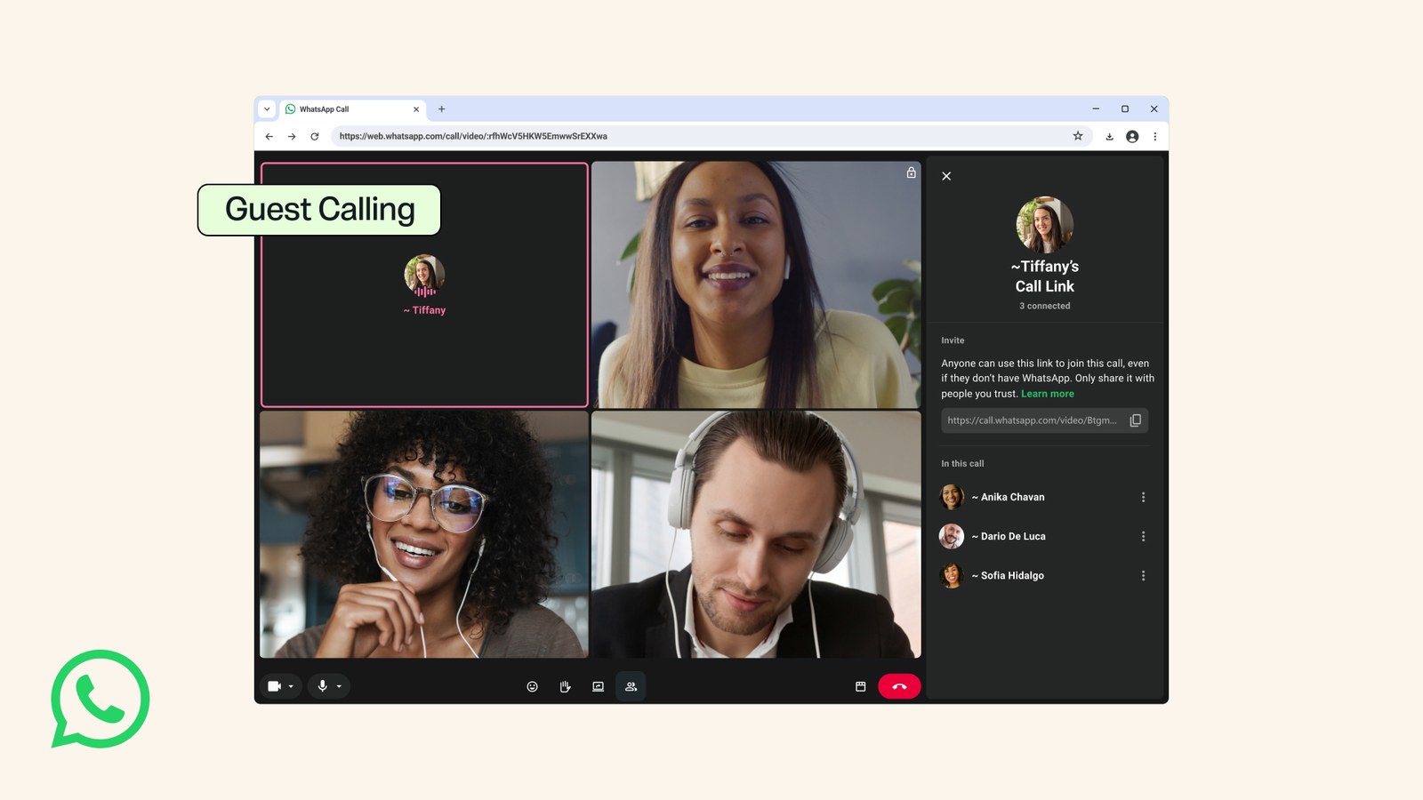 หน้าต่างเบราว์เซอร์แสดงสายวิดีโอ WhatsApp หลายคนพร้อมแผงลิงก์เชิญและป้าย Guest Calling