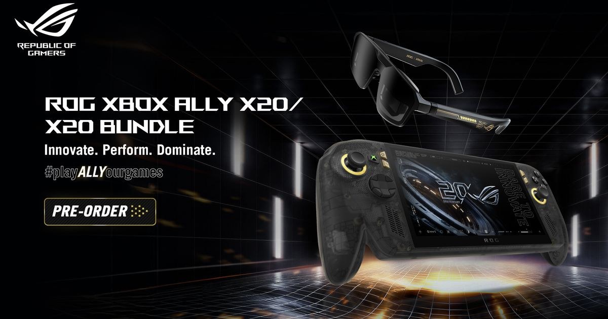ROG Xbox Ally X20 บอดี้ดำโปร่งแสงคู่กับแว่น AR ROG XREAL ในชุด Bundle