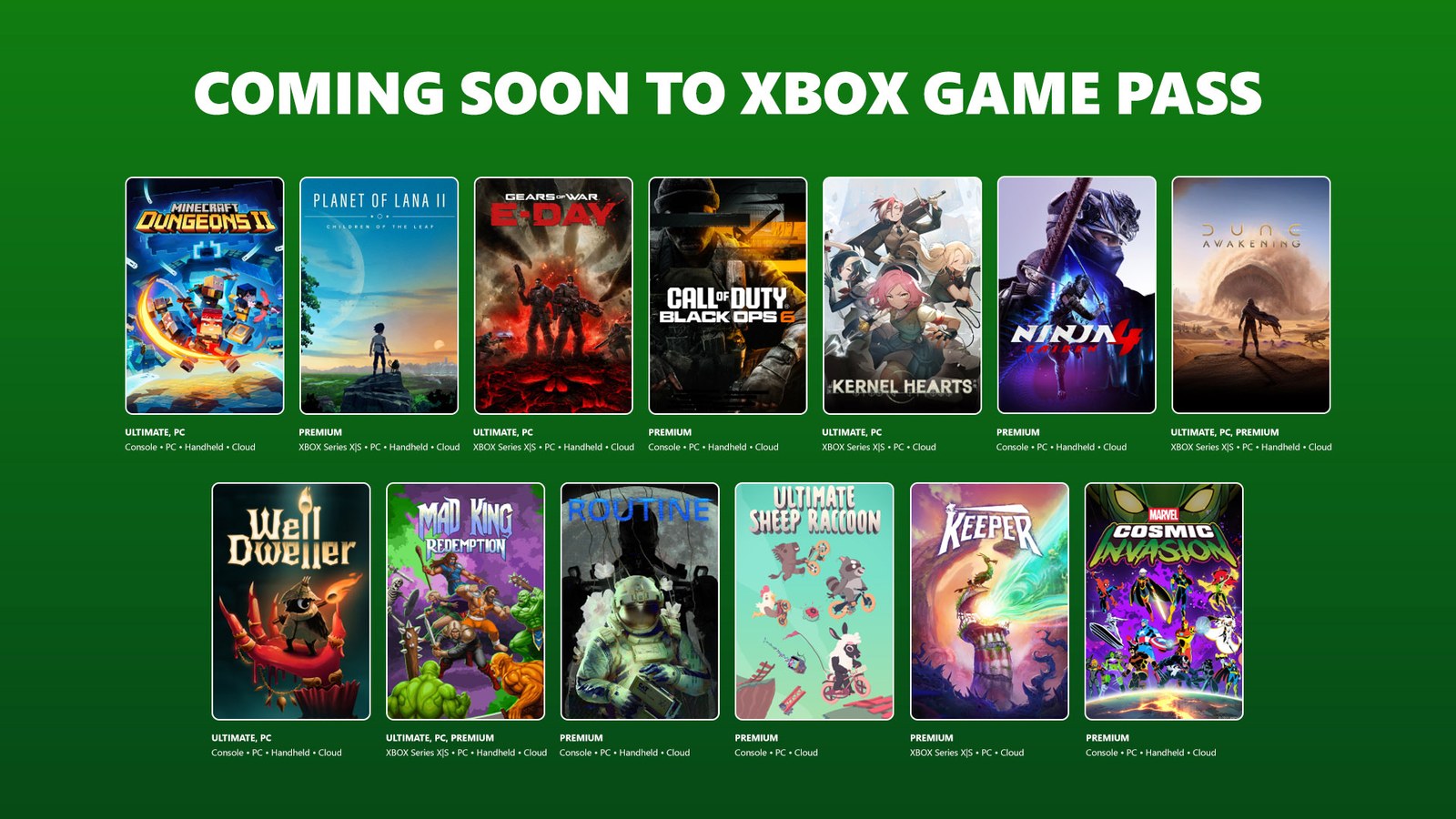 ภาพปกเกม 13 เกมที่กำลังเข้า Xbox Game Pass เช่น Gears of War: E-Day, Minecraft Dungeons II และ Call of Duty: Black Ops 6