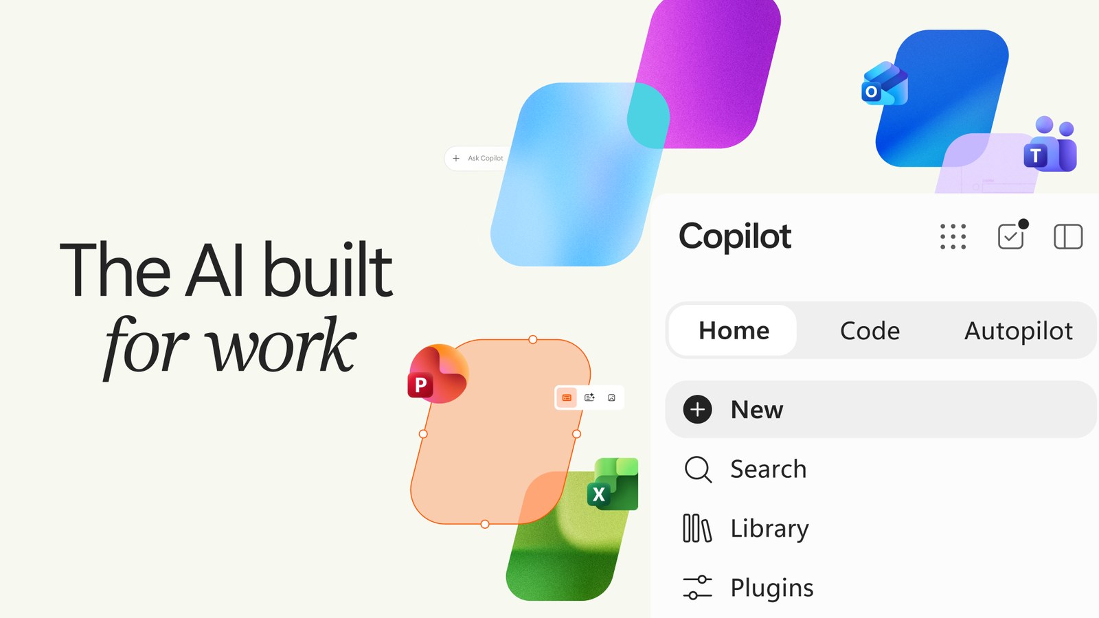 ภาพโปรโมต Copilot ใหม่ ข้อความ The AI built for work พร้อมแถบเมนู Home, Code และ Autopilot และไอคอน Outlook, Teams, PowerPoint, Excel