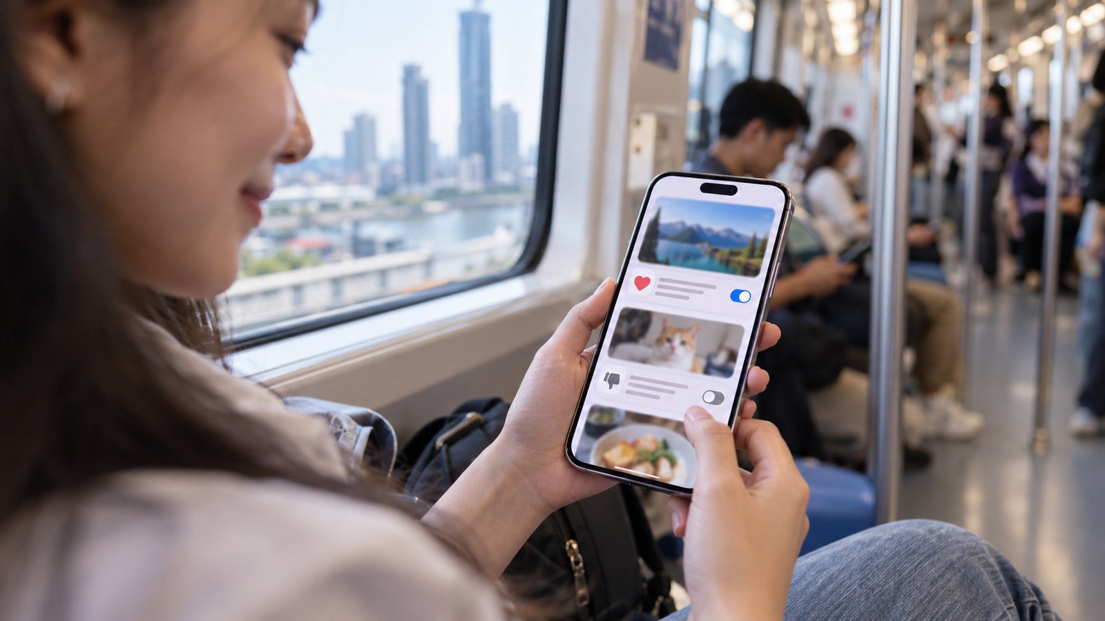 หญิงสาวบนรถไฟฟ้าถือมือถือที่แสดงฟีดรูปภาพพร้อมสวิตช์ไลก์และไม่ชอบ