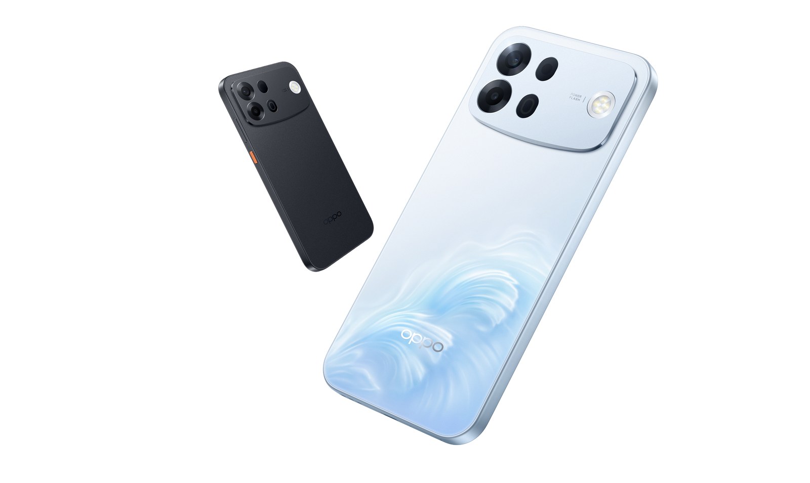 ด้านหลัง OPPO A7 Pro Series สีฟ้าอ่อนลายคลื่นและสีดำ โชว์โมดูลกล้องทรงเหลี่ยมมุมมน