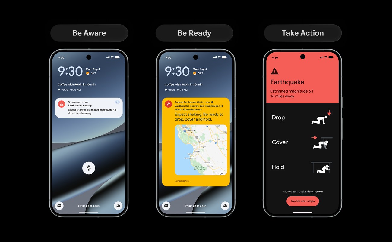 หน้าจอมือถือสามเครื่องแสดงการแจ้งเตือนแผ่นดินไหวสามระดับ Be Aware, Be Ready และ Take Action