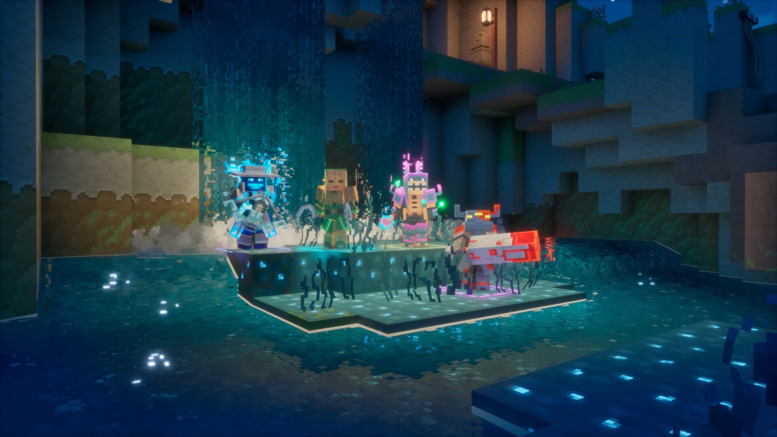 ฮีโร่ 4 คนใน Minecraft Dungeons II ยืนบนแท่นกลางน้ำเรืองแสงในถ้ำ