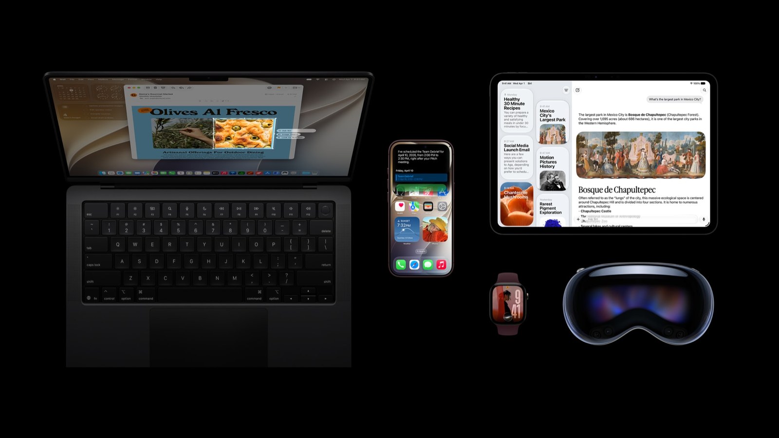 MacBook iPhone iPad Apple Watch และ Vision Pro แสดงระบบปฏิบัติการเวอร์ชันใหม่ของ Apple บนพื้นดำ