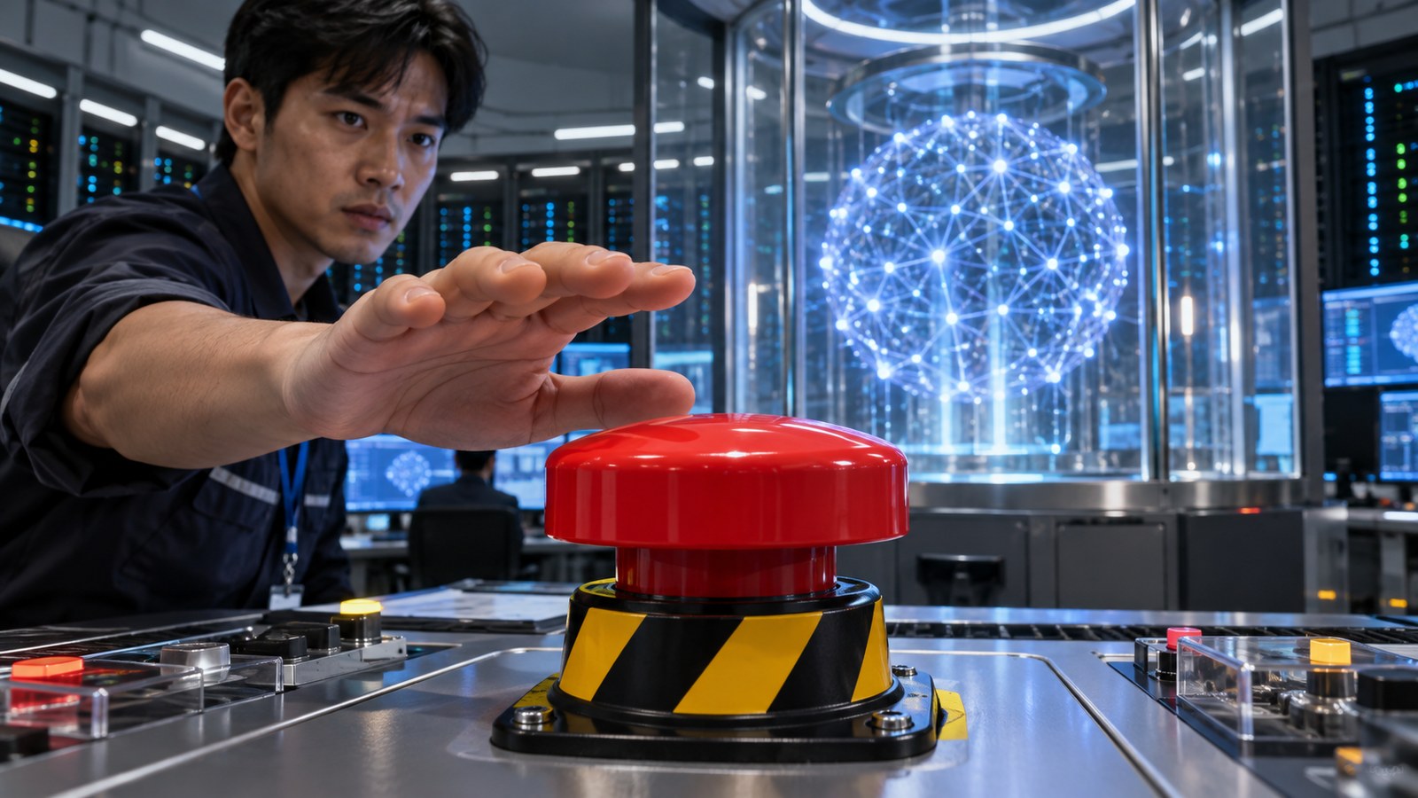 ผู้ดูแลระบบชาวไทยในห้องเซิร์ฟเวอร์ยื่นมือเหนือปุ่มหยุดฉุกเฉินสีแดงขนาดใหญ่ มีทรงกลมเรืองแสงแทนโมเดล AI อยู่หลังกระจก