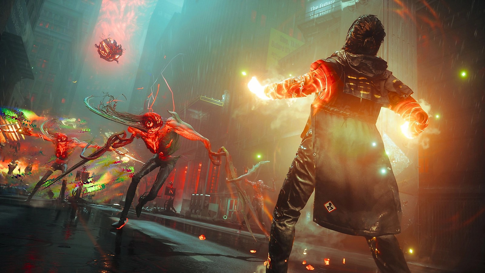 ภาพจากเกม CONTROL Resonant ตัวละครใช้พลังสีส้มสู้กับมอนสเตอร์สีแดงกลางถนนเมืองยามฝนตก