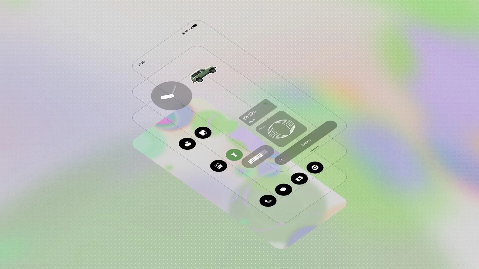 ภาพเรนเดอร์หน้าจอโฮมและหน้าล็อกของ Nothing OS 5.0 แบบเลเยอร์ซ้อนกัน มีนาฬิกา วิดเจ็ต และไอคอนแอป