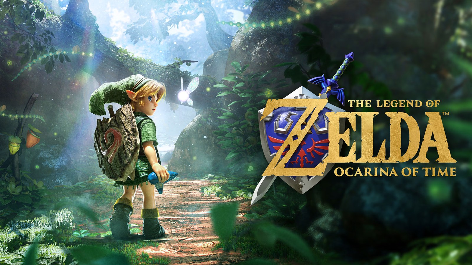 ลิงก์ตัวเล็กถือโอคารินาเดินในป่า ข้างโลโก้ The Legend of Zelda: Ocarina of Time