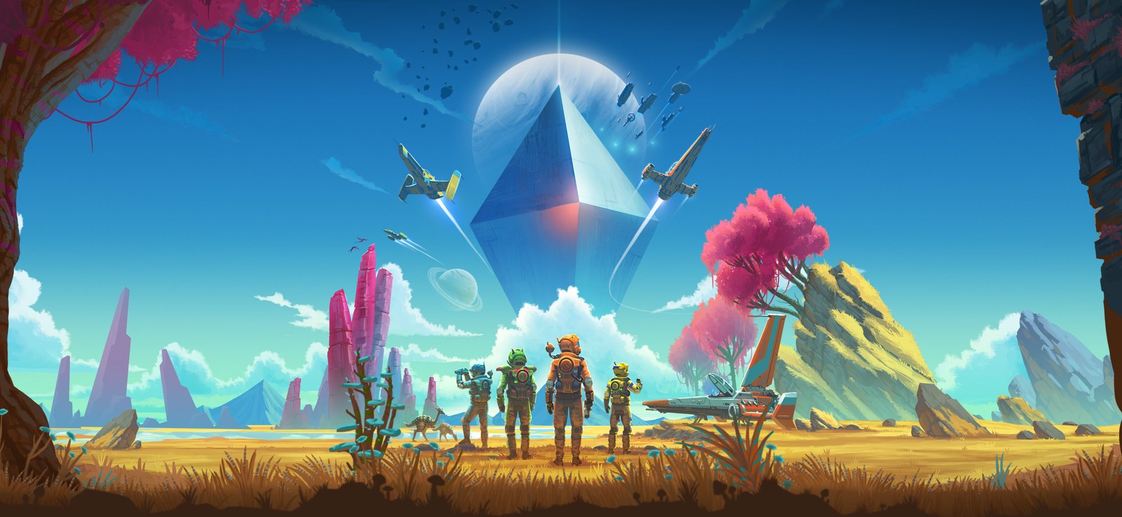 ภาพโปรโมตเกม No Man's Sky นักสำรวจสี่คนยืนมองพีระมิดลอยฟ้าเหนือดาวเคราะห์สีสดใส