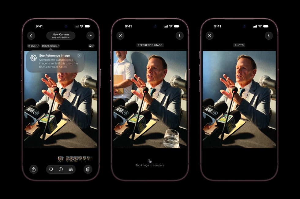 iPhone 18 Pro สามเครื่องแสดง Apple Reference Image เพื่อเปรียบเทียบภาพต้นฉบับกับภาพที่แก้ไข