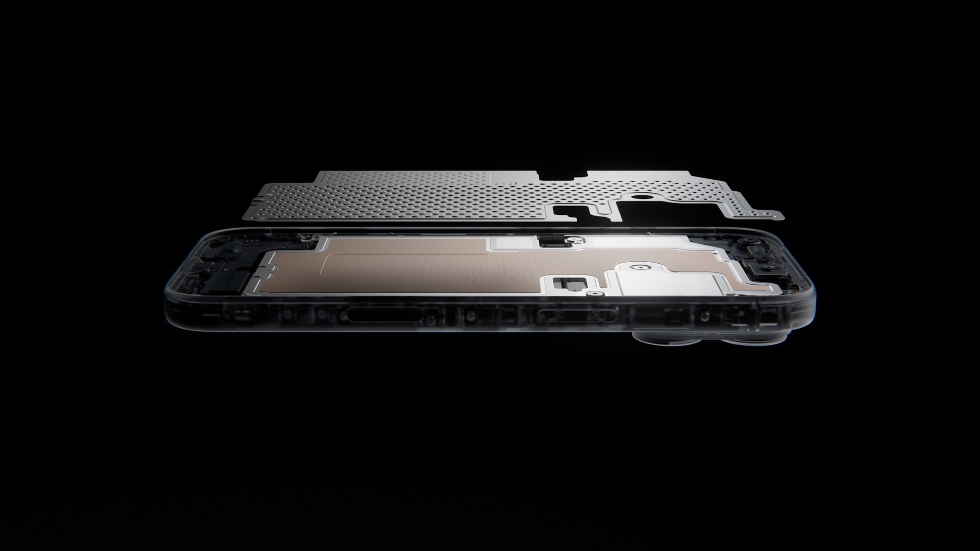 ภาพโครงสร้างภายใน iPhone 18 Pro พร้อมแผ่นชิ้นส่วนยกแยกเหนือระบบระบายความร้อนบนพื้นหลังดำ