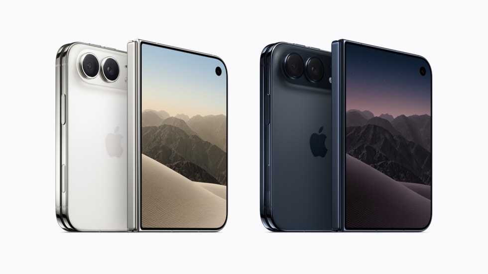 iPhone Duo สีสตาร์ไวท์ทางซ้ายและไนท์สกายทางขวา แสดงด้านหลังและจอด้านนอกของทั้งสองสี