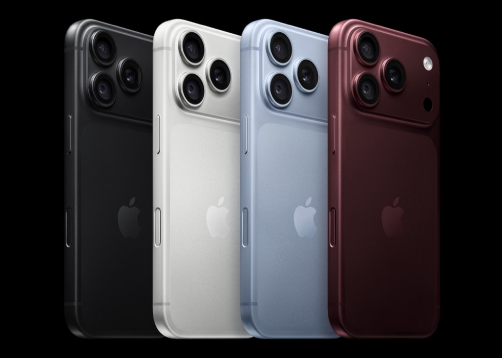 iPhone 18 Pro สี่สีจากซ้ายไปขวา ดำ เงิน ธารน้ำแข็ง และเบอร์กันดี
