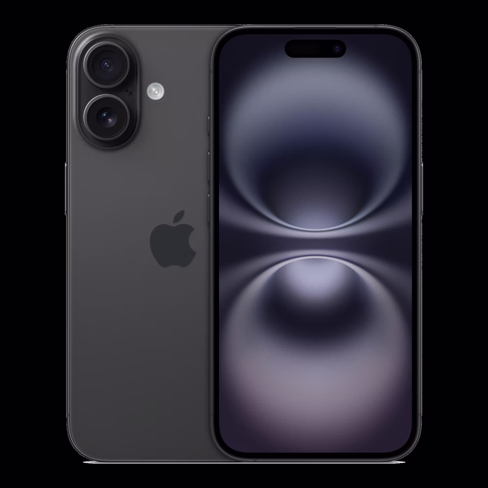 iPhone 16 Black ภาพสินค้าทางการจาก Apple ด้านหน้าและด้านหลัง