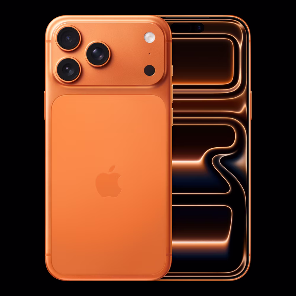 iPhone 17 Pro Max Cosmic Orange ภาพสินค้าทางการจาก Apple ด้านหน้าและด้านหลัง