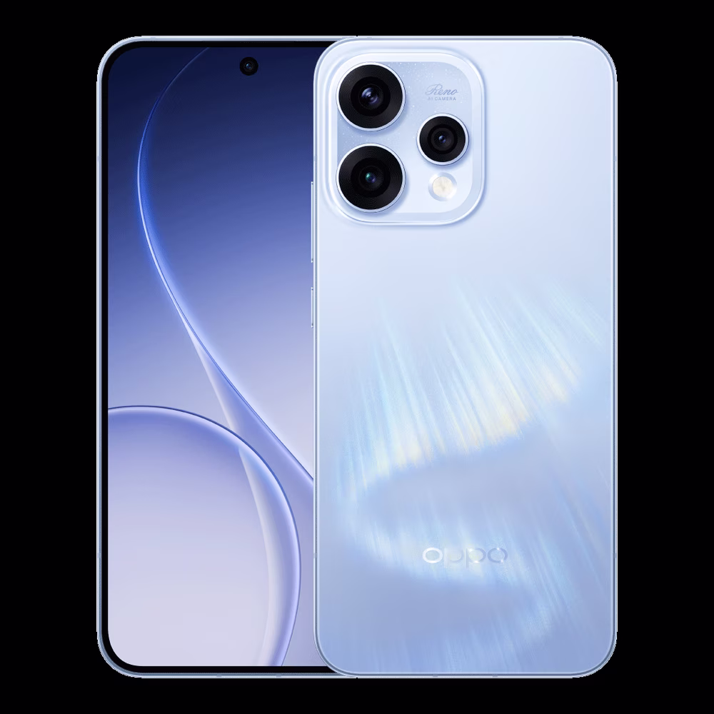 OPPO Reno15 5G สี Aurora Blue ด้านหน้าและด้านหลัง